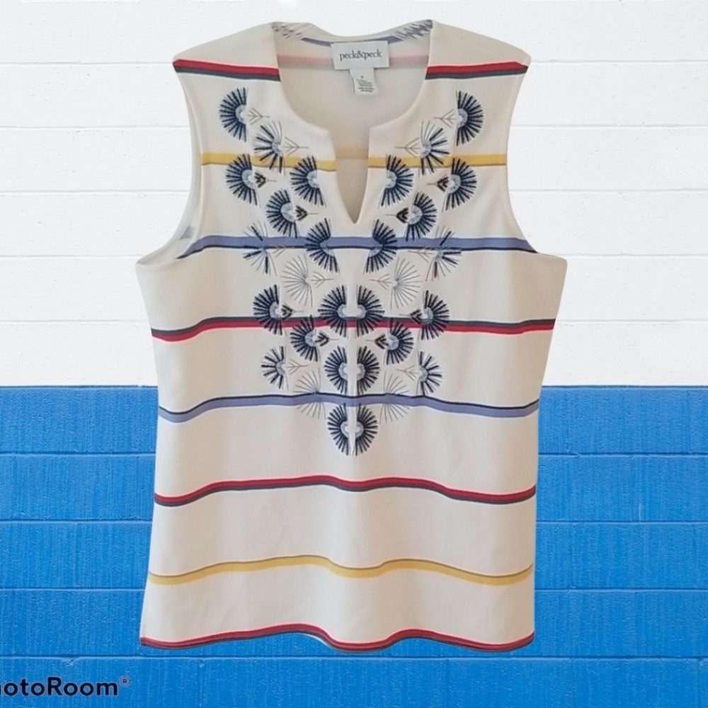 Peck & Peck Boho Dandelion embroidered striped top
